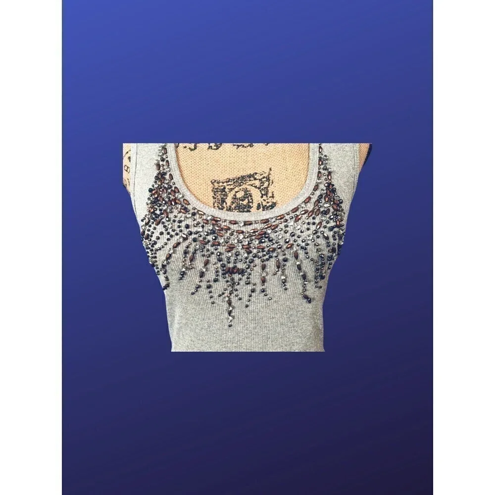JON Tank Top, Beaded Metallic Sparkle Scoop Neck Shell, SILVER, Size Small, EUC